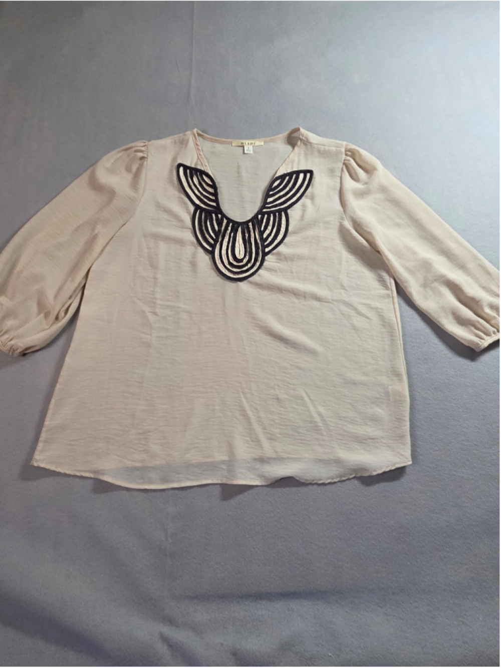 Mi Ami Cream Statement Blouse Top L Black Embroidered Loop Collar Francesca's St